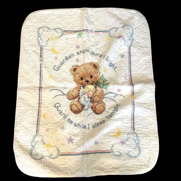 SUNSET Handmade Teddy Bear Guardian Cross Stitch Angel Flannel Back Baby Quilt - Picture 1 of 5